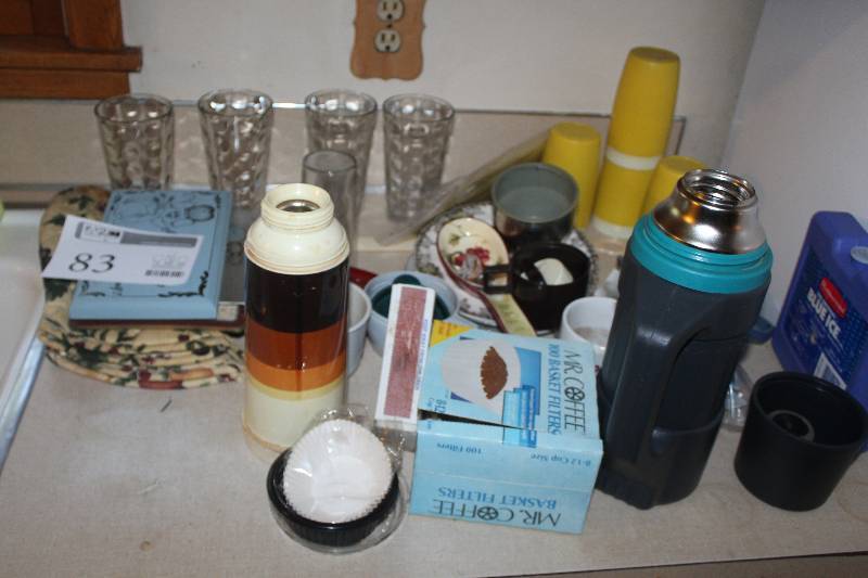 lot 83 image: Lot of Housewares Including Glassware, Thermos, Coffee Filters, Ice Packs, And More