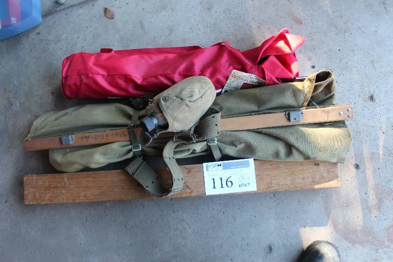 lot 116 image: Lot of Camping Equipment Including Army Cot, Chair, Canteen