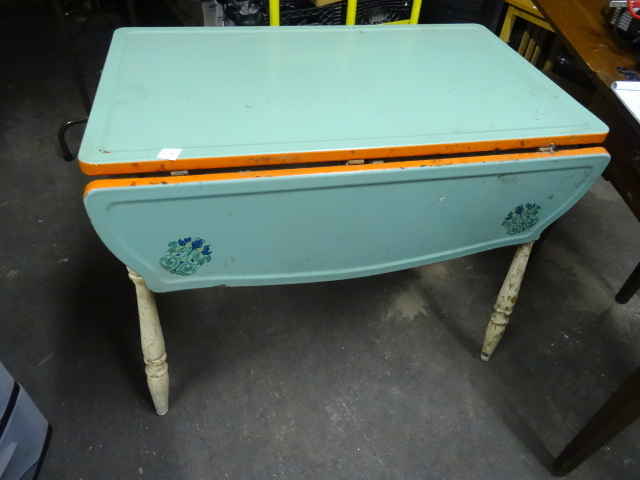 Vintage Wood Framed Table with Metal Top