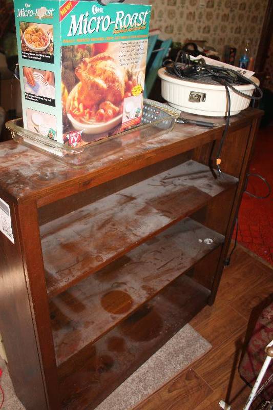 Bookshelf & Contents Including Kitchenware, Crock Pot, Micro Roaster