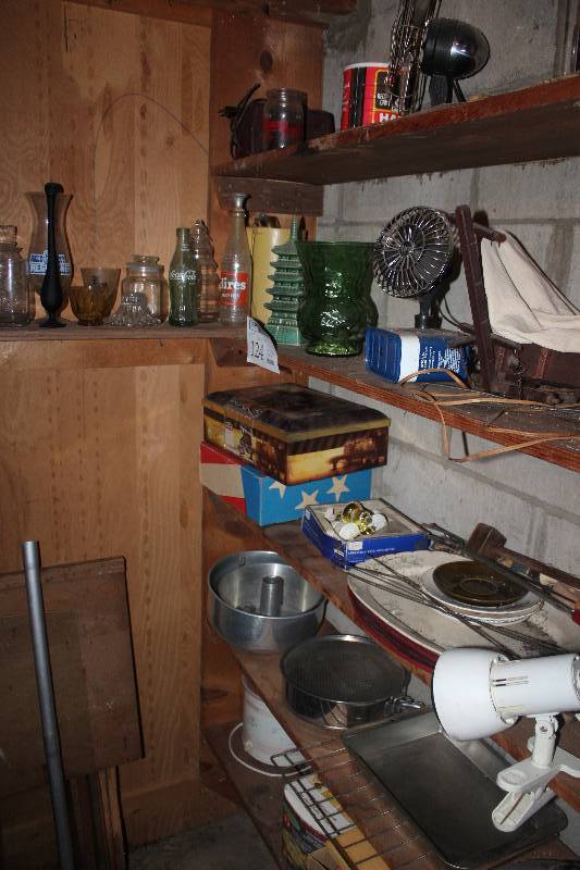 Shelf Lot Including Kitchenware, Fan, Light, Decorations