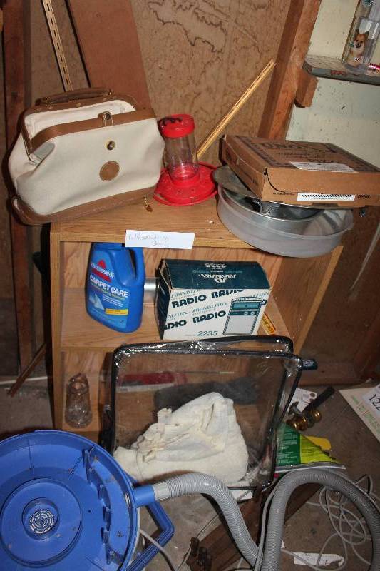 Contents of Shelf Including Radio, Bag, Household, And More