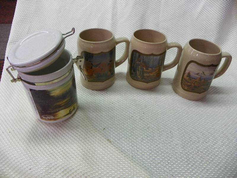 lot 224 image: Three Decorative Mugs With Canister, Terry Redlin