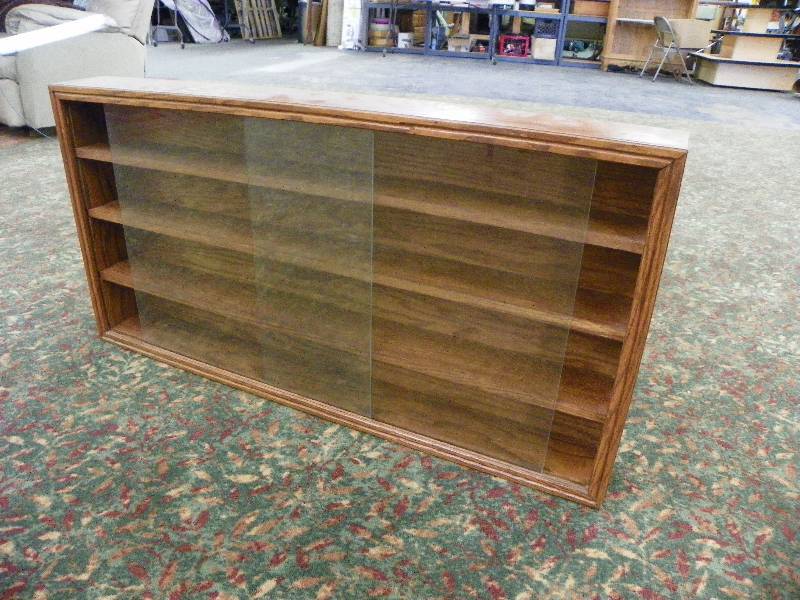 lot 239 image: Wooden Display Shelf, 4 Shelves Sliding Glass Doors