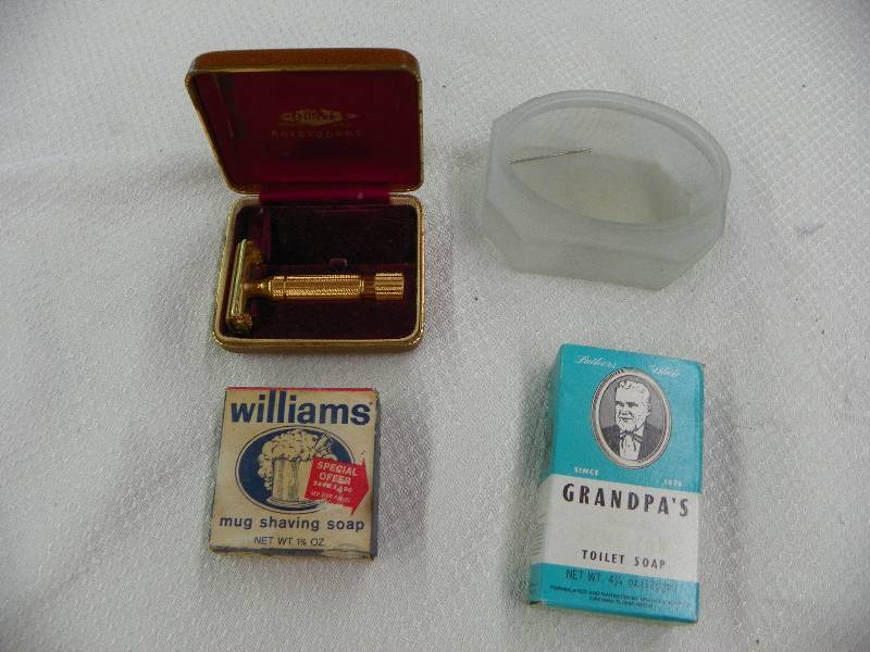 lot 243 image: Williams Mug Shaving Soap, Grandpas Toilet Soap, Pine Tar, Gillette Aristicat Shaver, Glass Container