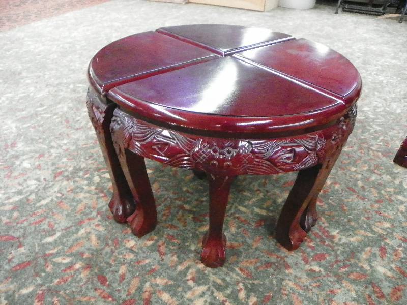 lot 283 image: Round Glass-Top Cherry Wood Table With Carved Decorative Pattern And Stools