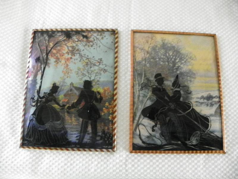 lot 288 image: Pair of Small framed pictures, reverse painted silhouette pictures, vintage