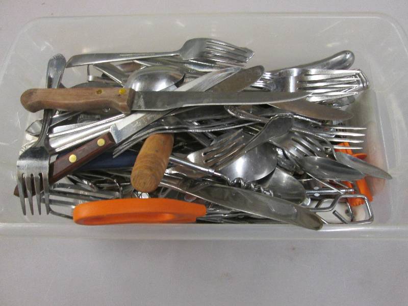 lot 120 image: Container of silverware and utensil...