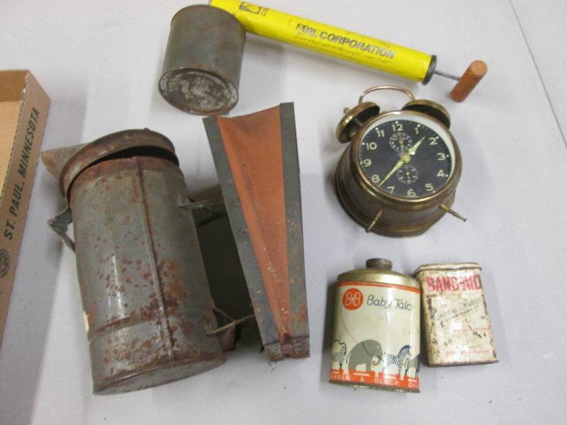 lot 124 image: Antique Tins, Duster, Alarm Clock, ...