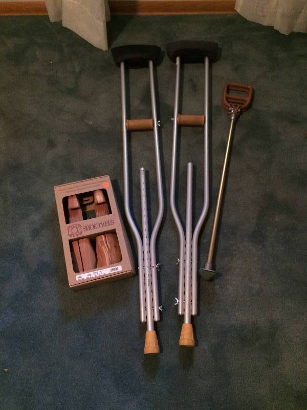 lot 16 image: Misc Lot - Crutches - Excellent Condition Aromatic Cedar Shoe Tree - Like New In Box 3rd Item  No Idea What It Is...I am sure someone does...