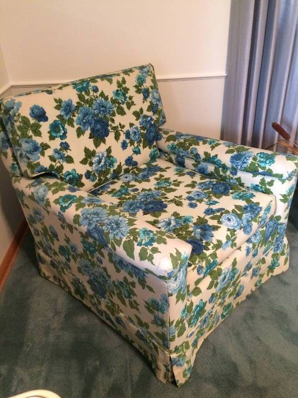 lot 35 image: High Quality Southern Furniture Company Gorgeous Blue Floral Arm Chair Cushions Flowers Are Each Embroidered WOW - Excellent Condition With Exception Of Hole That Needs To Be Stitched Up On Corner Of Arm