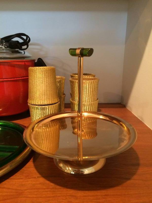 lot 27 image: Large Lot of Beautiful Collectible Mid Century Modern Serving Pieces No Chips Except for very small one on edge of glass lid on Awesome retro Red Crockpot