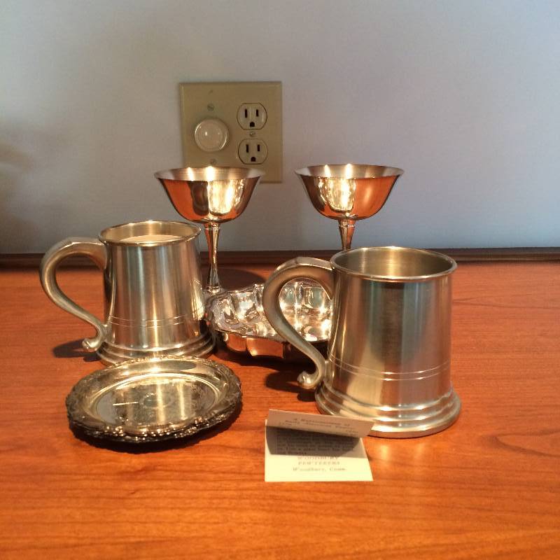 lot 84 image: WOW LIKE NEW WOODBURY PEWTERERS MUGS TANKARDS STEINS WITH MISC SILVERPLATE ITEMS