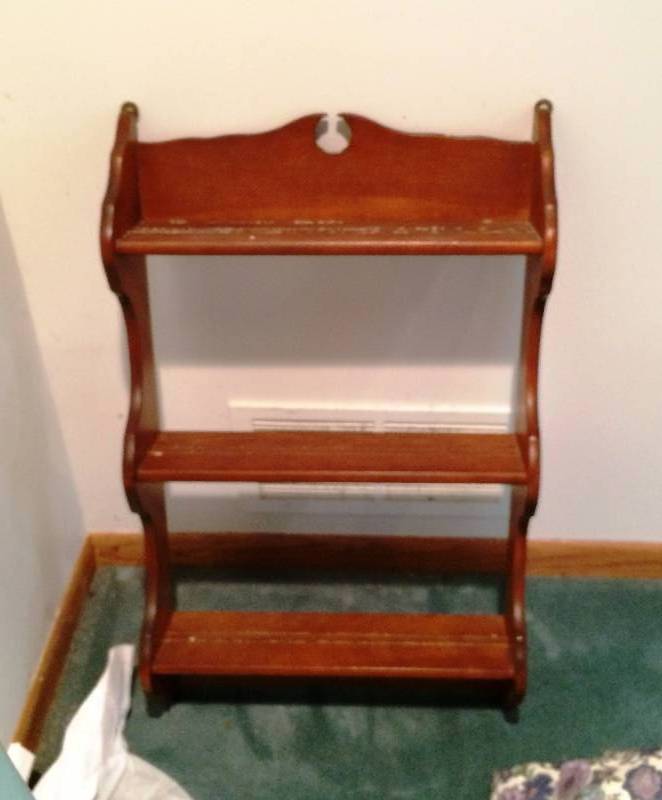 lot 36 image: Charming Vintage Two Tier Wood Wall Trinket Curio Shelf With Plate Grooves - Excellent Condition But Need A lot of Dusting