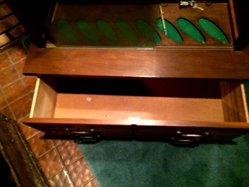 lot 71 image: Vintage 2 Drawer Sliding Glass Locking Gun Cabinet - 65t x 31w x 12d Excellent Condition