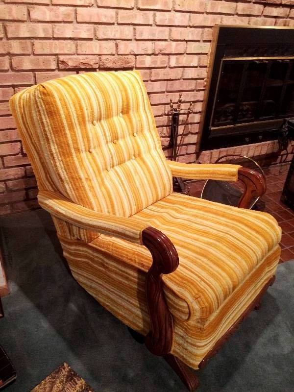 lot 30 image: Wow High Quality Mid Century Modern Plush Yellow Carved Wood Claw Foot Chair - Excellent Condition - Super Comfort & Rocks Too