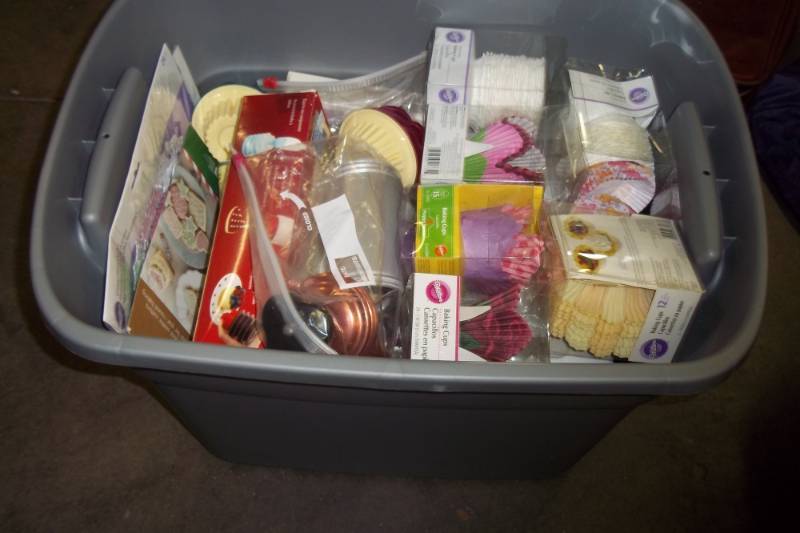 Tote Full of Cup Cake Baking supplies includes tote with lid