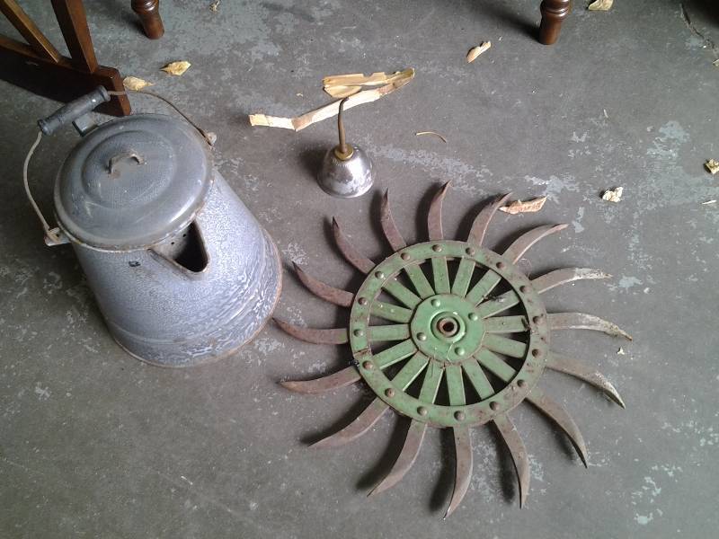 Enamel Kettle, Oil Can, Old Rotary Farming Implement