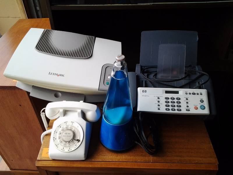 Lexmark Printer, Scanner, Copier, HP 640 Fax, Old Rotary Phone, Lava Lamp