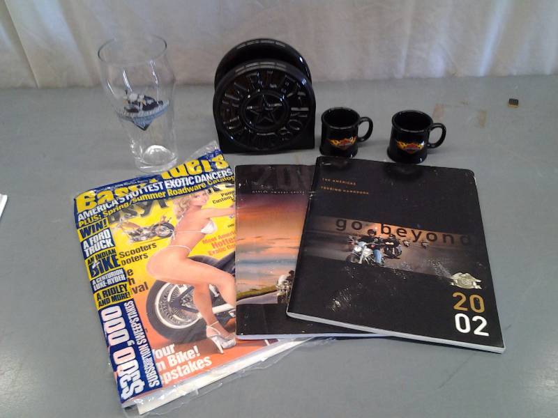 lot 39 image: Harley Davidson Shots, Glass, Napkin Holder, Mugs