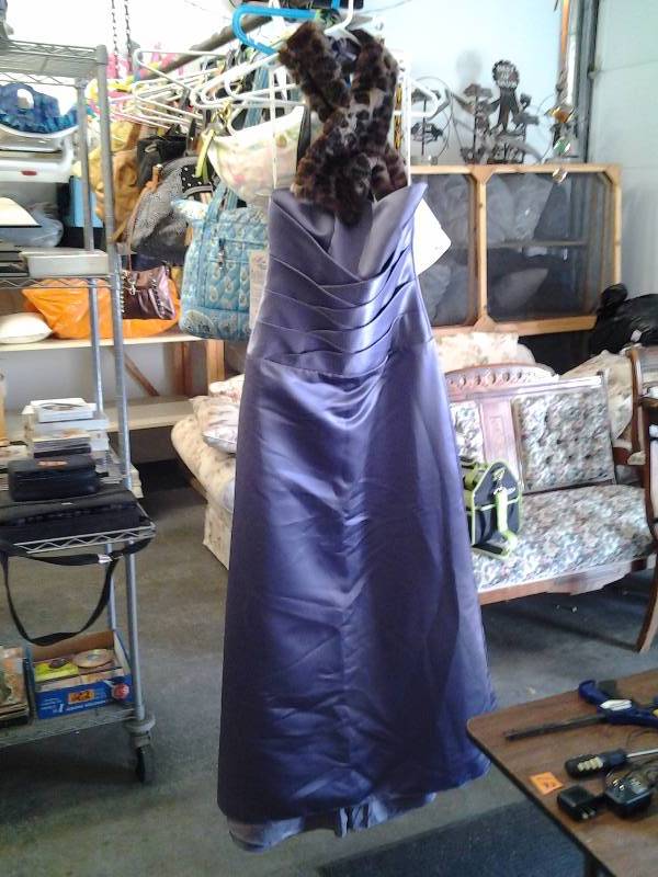 lot 49 image: Violet Satin Gown With Leopard Faux Fur Print Neck Wrap Size 10 By WTOO Watters & Watters