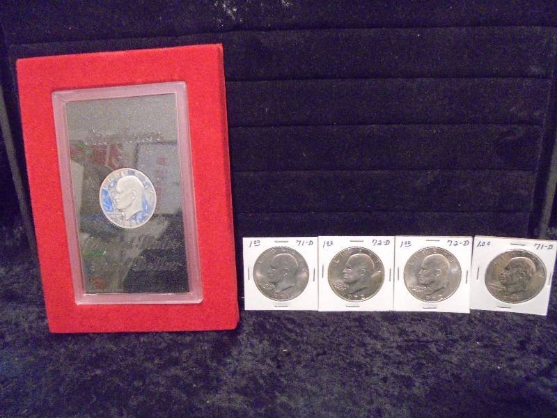 Lot - Eisenhower Dollars, 1971S Proof Dollar in Case, 1972D (x2), 1971D (x2), $5 Face Value