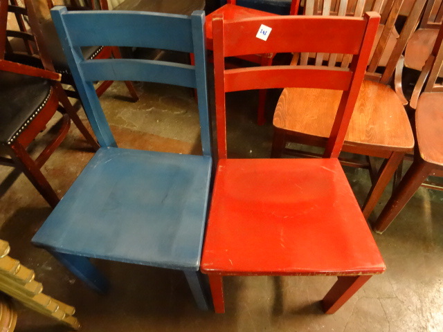 lot 242 image: 6 Wood Red and Blue Chairs