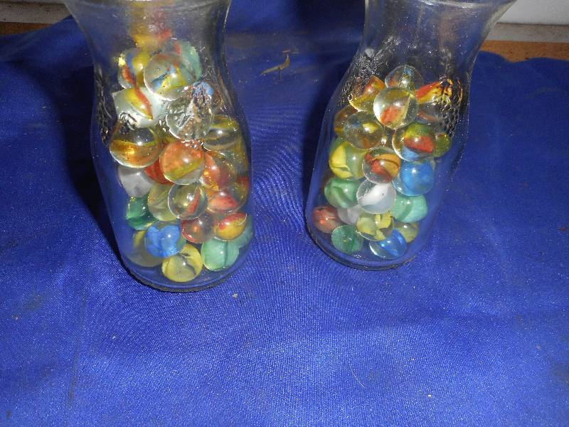 lot 10 image: 2 SMALL MILK BOTTLES AND VINTAGE MARBLES