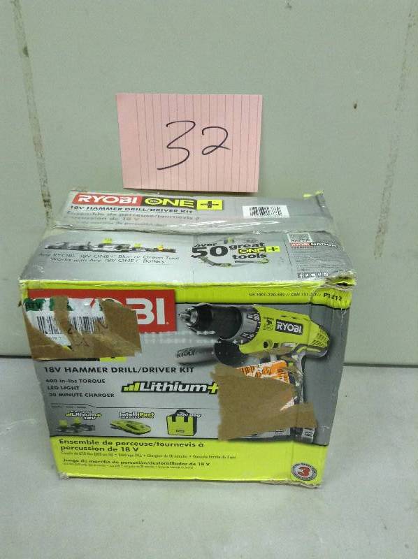 lot 32 image: Ryobi ONE 18-Volt Lithium-Ion Cordless Hammer Drill Kit in like new condition