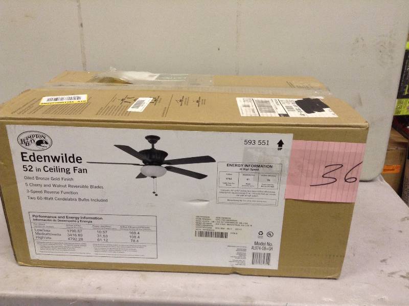 lot 36 image: Hampton Bay Edenwilde 52 in. Oil Rubbed Bronze Ceiling Fan Never used actual and stock photo used to display item