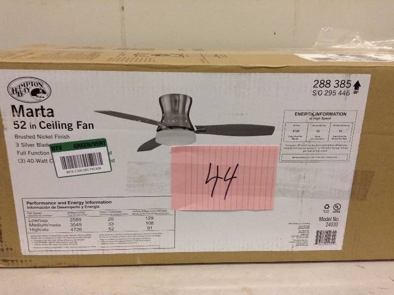 lot 44 image: Hampton Bay Marta 52 in. Brushed Nickel Ceiling Fan Never used actual and stock photos used