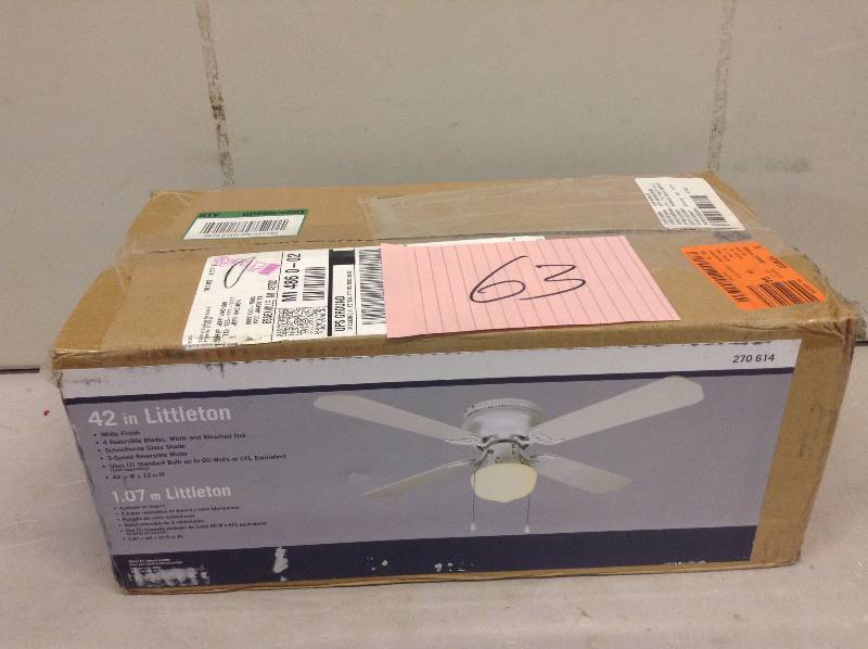 lot 63 image: Hampton Bay Littleton 42 In. Ceiling Fan never used actual and stock pictures used