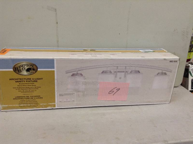 lot 69 image: Hampton Bay Architecture 4-Light Brushed Nickel Vanity Light never used actual and stock photos used
