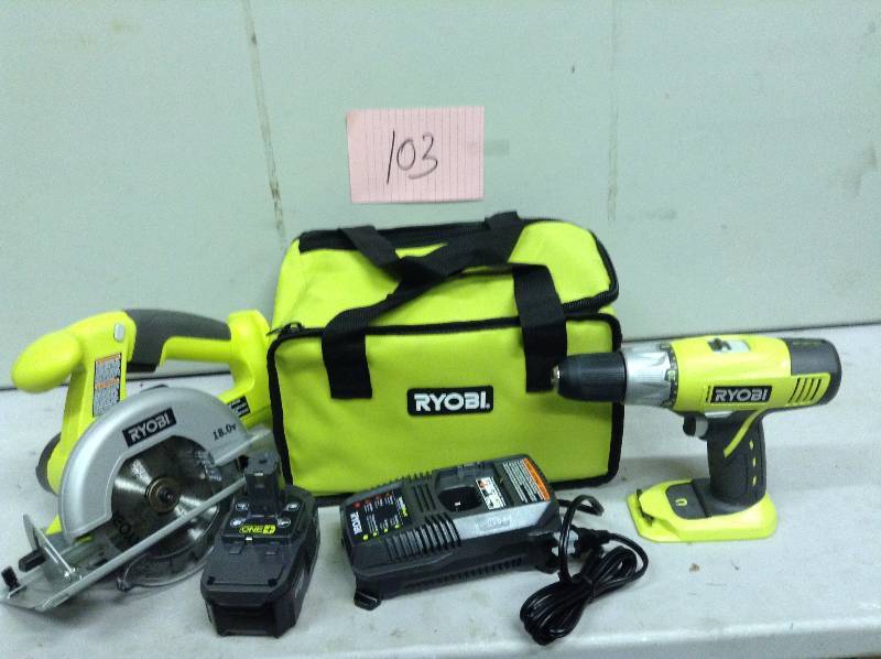 lot 103 image: Ryobi One Lithium-Ion Starter Combo Kit 2 Tool in like new condition 1 battery only