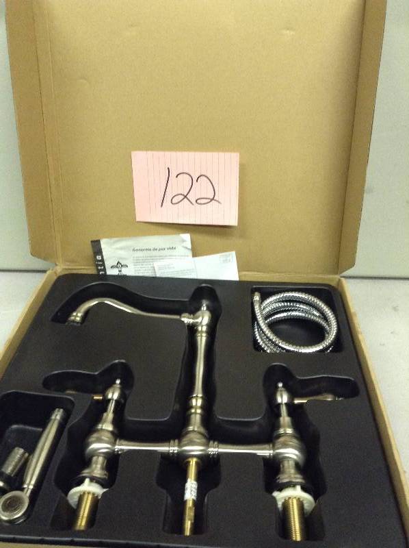 lot 122 image: Belle Foret Ss-wh27215 High Arc Bridge Kitchen Faucet Never used actual and stock photos used to display item