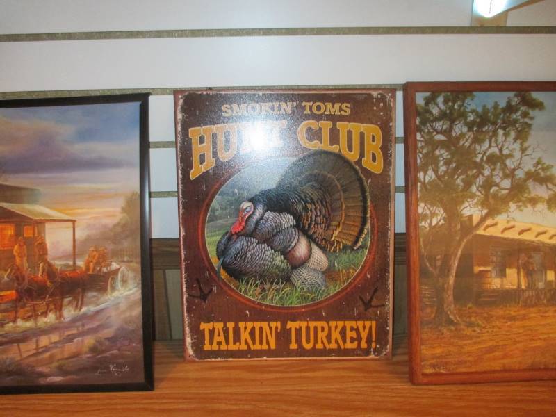 (2) Western Pictures (1) Tin Turkey Sign