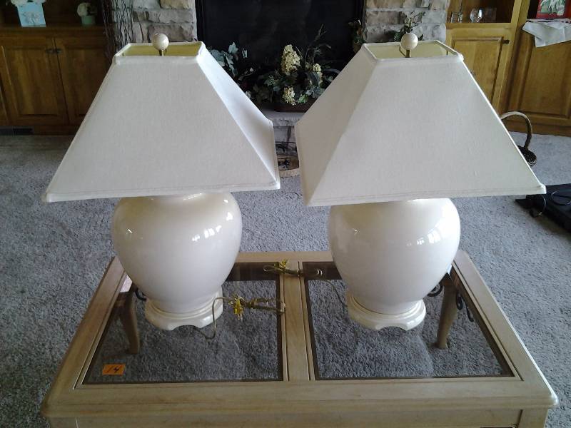 lot 17 image: Pair Of Large Lamps With Square Shades (31 Inches)