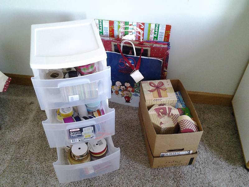 lot 44 image: 3-Drawer Organizer Full Of Ribbon, Assorted Gift Bags & Christmas Boxes
