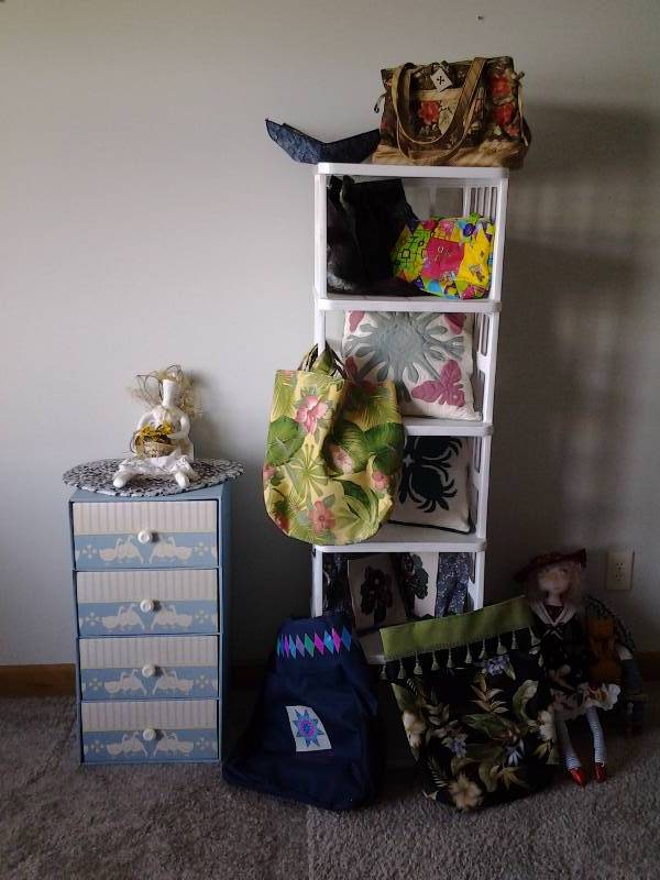 lot 45 image: Stacking Cube Shelf, Hand Crafted Items, Dolls, Purses, Totes, Pillows, Cardboard Organizer