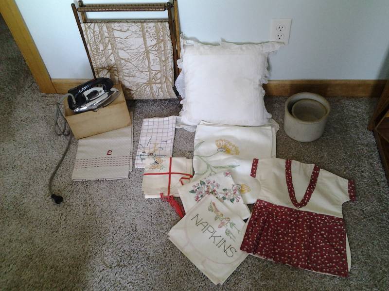 lot 48 image: Lot Of Embroidered Linens, 2-Crocks, Old Iron, Sewing Basket