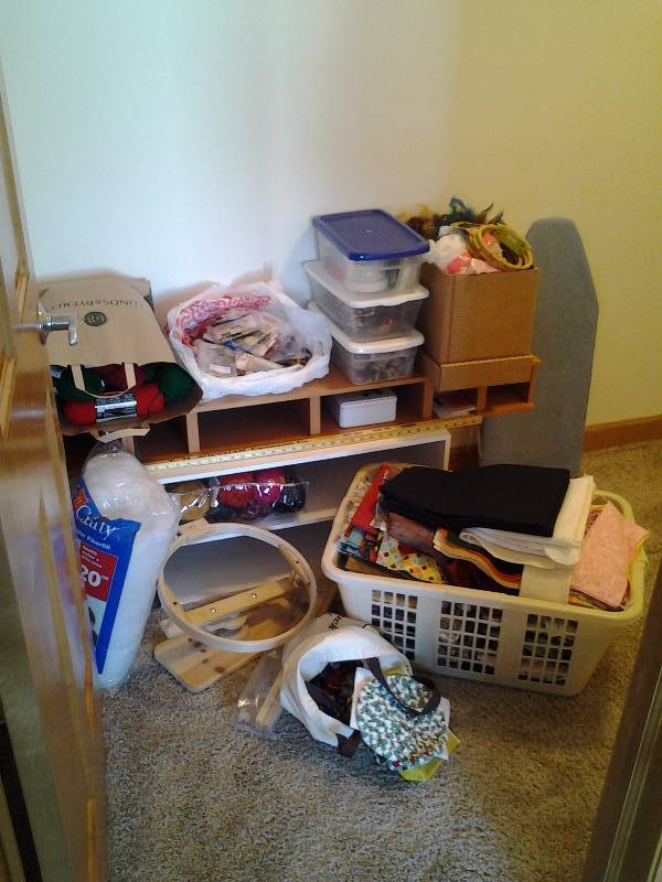 lot 50 image: Lot Of Craft & Sewing Items (Yarn, Fabric, Quilt Hoop, Fiber Fill, 2-Cubby Shelves, Sm Ironing Board, Embroidery Floss)