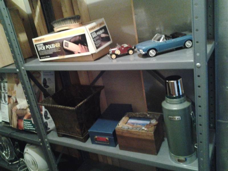 lot 188 image: Metal Shelf 36x12x72 With Shoe Polisher, Toy Cars, Thermos, Misc