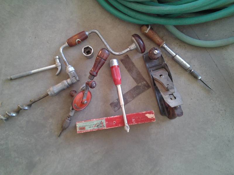 lot 211 image: Lot Of Hand Tools, Block Plane, Hand Drill, Misc