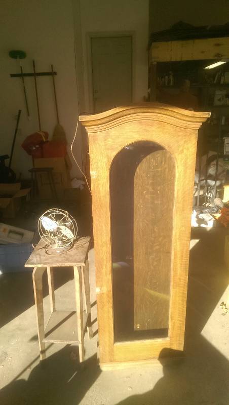 lot 236 image: Vintage Clock Cabinet, Small Vintage Wood Table, Old Metal Fan