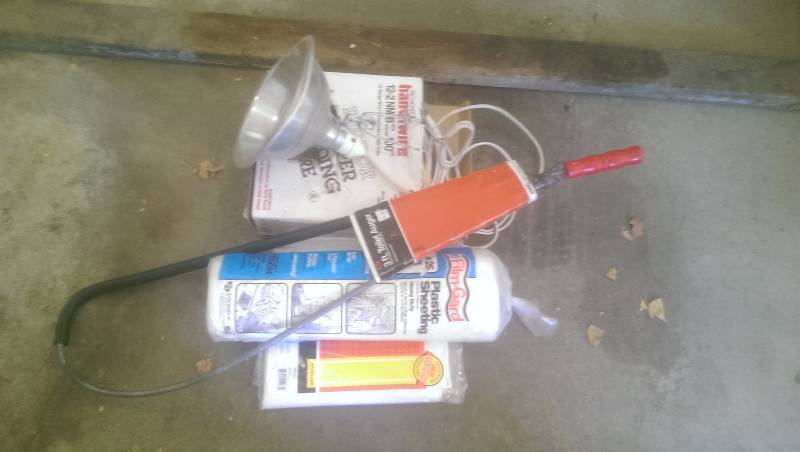 lot 247 image: Toilet Auger, Plastic Sheeting, Clamp-On Light, Partial Box Romex Wire