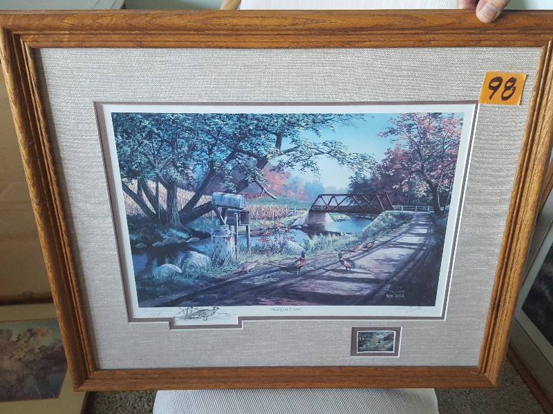 lot 98 image: Ken Zylla Commemorative Wild Bird Stamp Framed Print - Nary A Care - 24x21