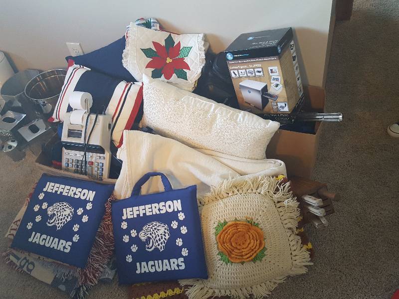 lot 159 image: Lot Of House Hold Misc- Film, Slide Photo Converter, Pillows, Calculator, Baskets, Old Video Camera