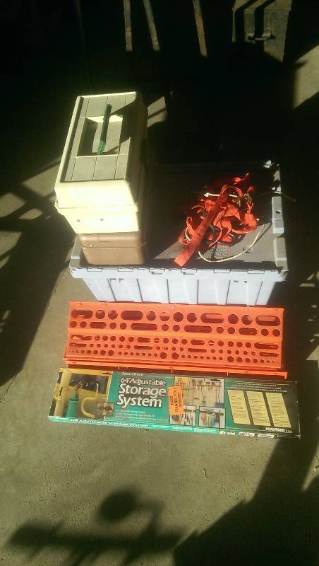 lot 233 image: Storage Bin, Tackle Box, Ratchet Straps, Garage Organizers
