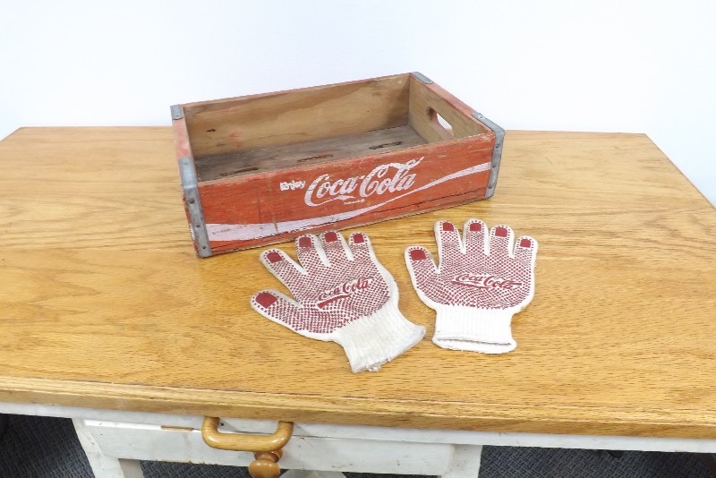 Vintage Coca Cola Wood Crate, and EMPLOYEE Coca Cola Work Gloves