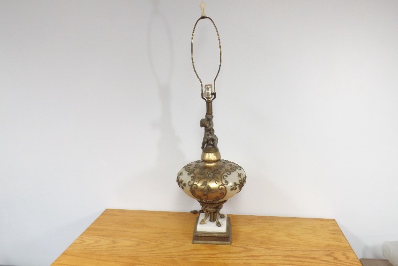Vintage Gilded Brass Cherub Lamp with Marble Base
